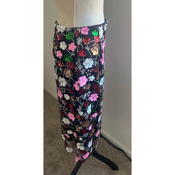 Evolutionary Multicolor Floral and Black Sequin and Mesh Side Zip Up Skirt Sz L - Picture 4 of 12